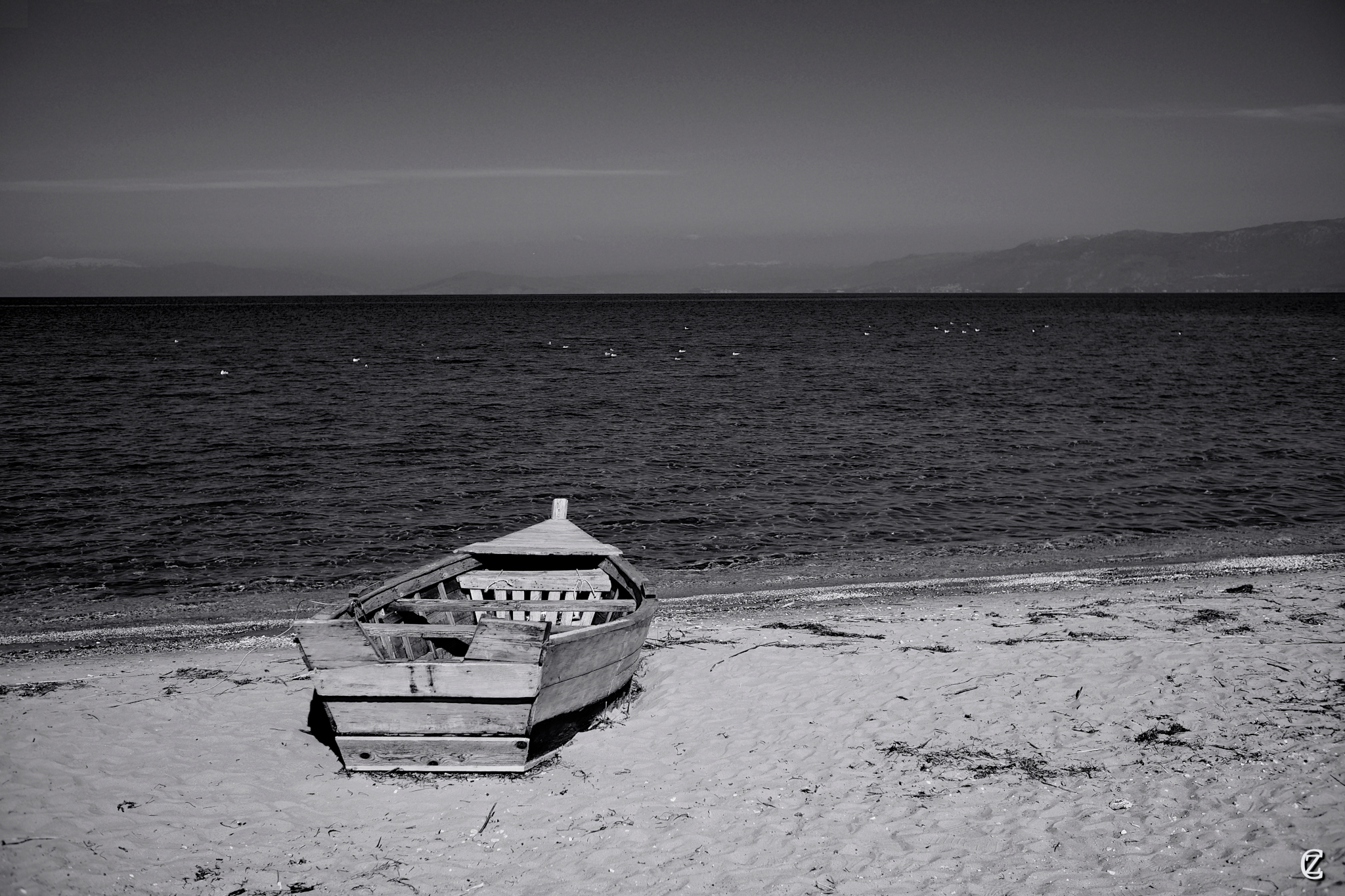 A wooden fishing boat on the shore of Lake Ohrid — a timeless scene on the Albanian side of the lake